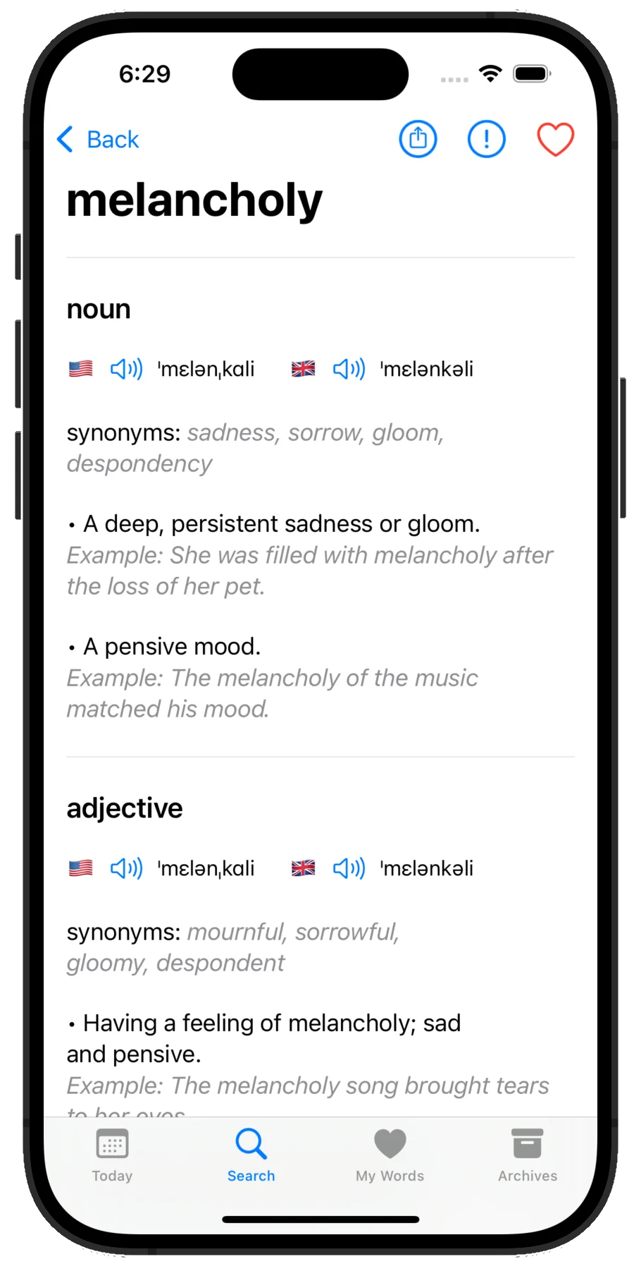 Word Detail Screen of Vocabulist app