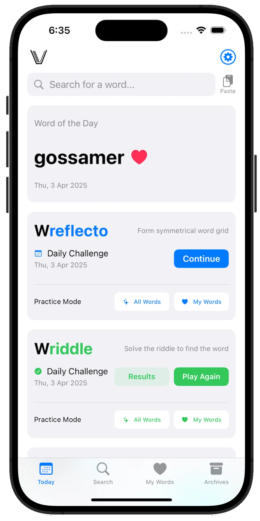 Home Screen of Vocabulist app